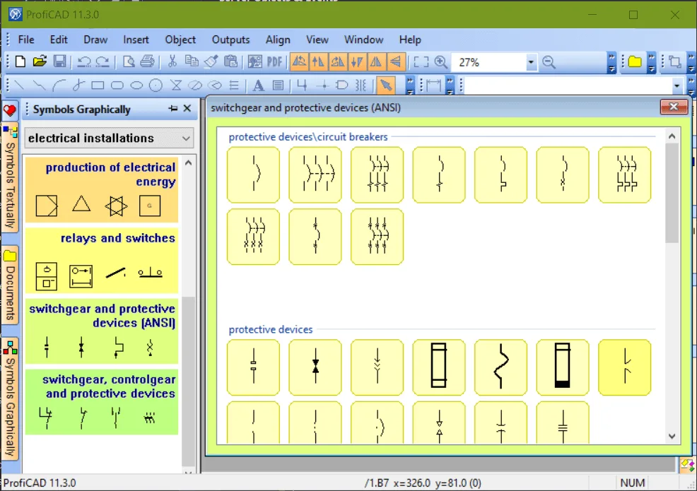 Older ProfiCAD 11.3.0 Windows interface showing electrical symbol palettes and circuit-breaker symbols