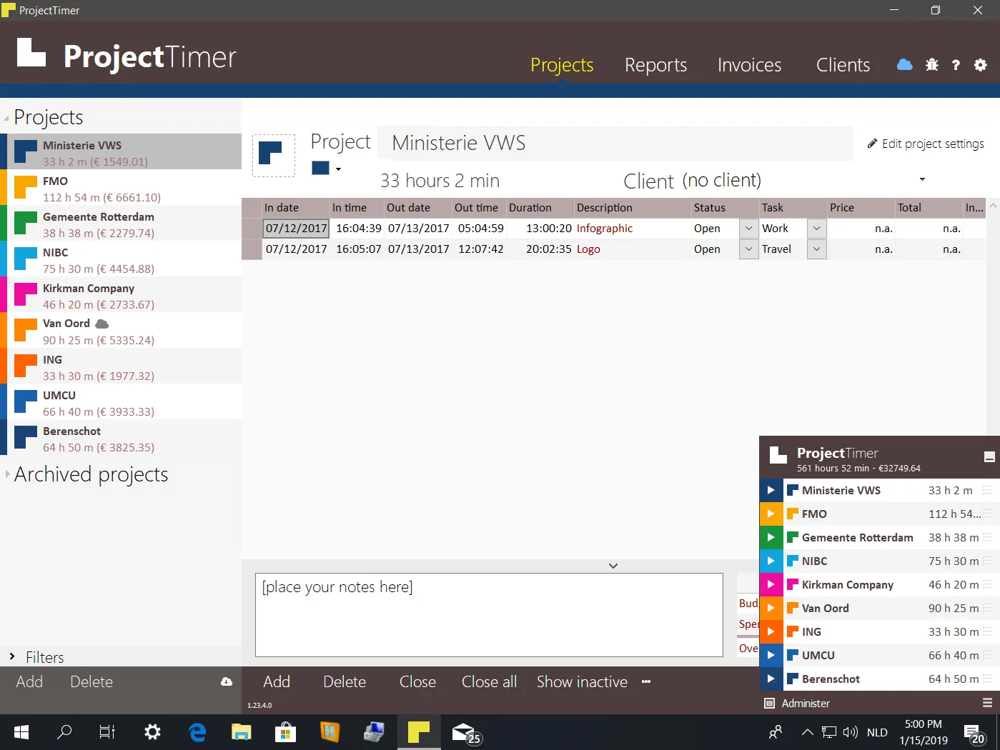 Historical Project Timer Windows interface showing colored projects, recorded activities and the compact timer panel