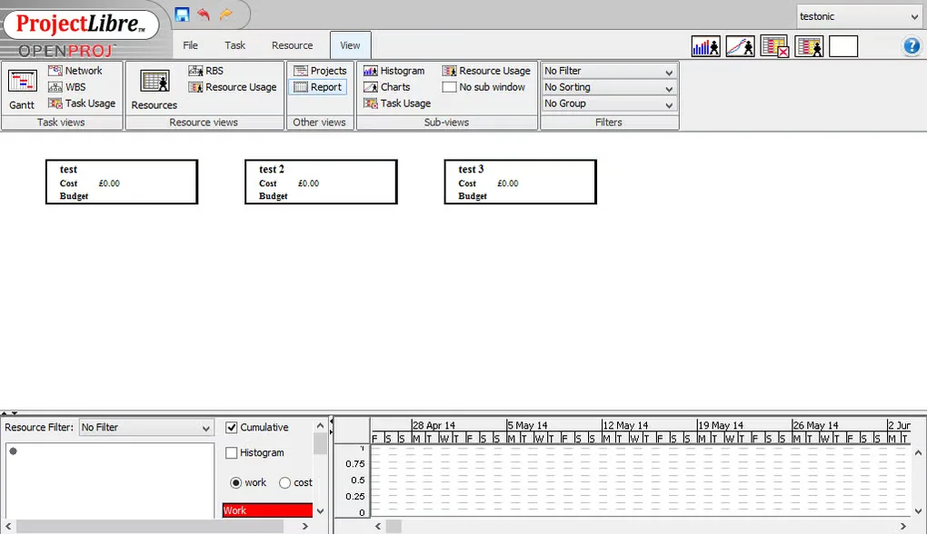 Older ProjectLibre interface showing three report boxes, view controls and a resource chart
