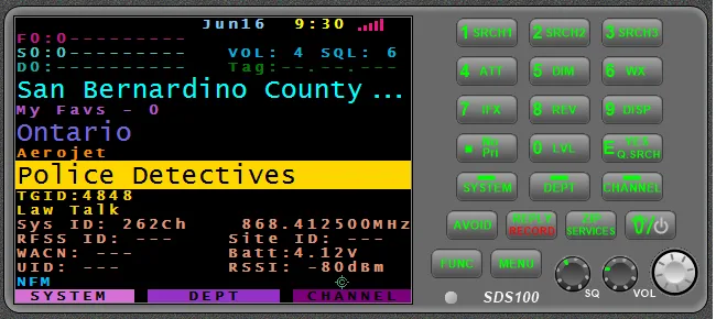 ProScan SDS100 virtual scanner display with channel information, numeric keypad and squelch and volume controls