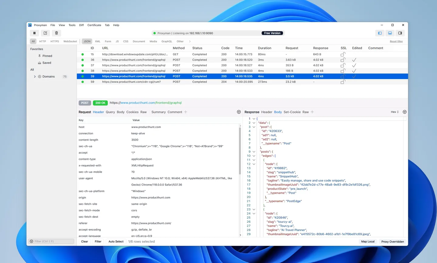 Proxyman on Windows 11 showing captured requests, a selected GraphQL POST, request headers and a JSON response