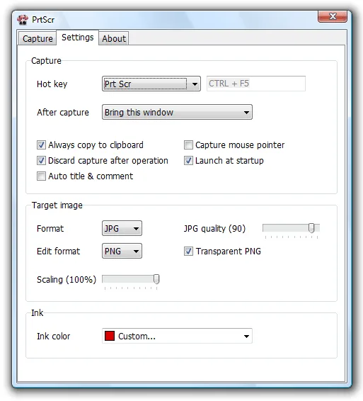 PrtScr settings window with capture hotkey, clipboard and startup options, image formats, scaling and ink color controls