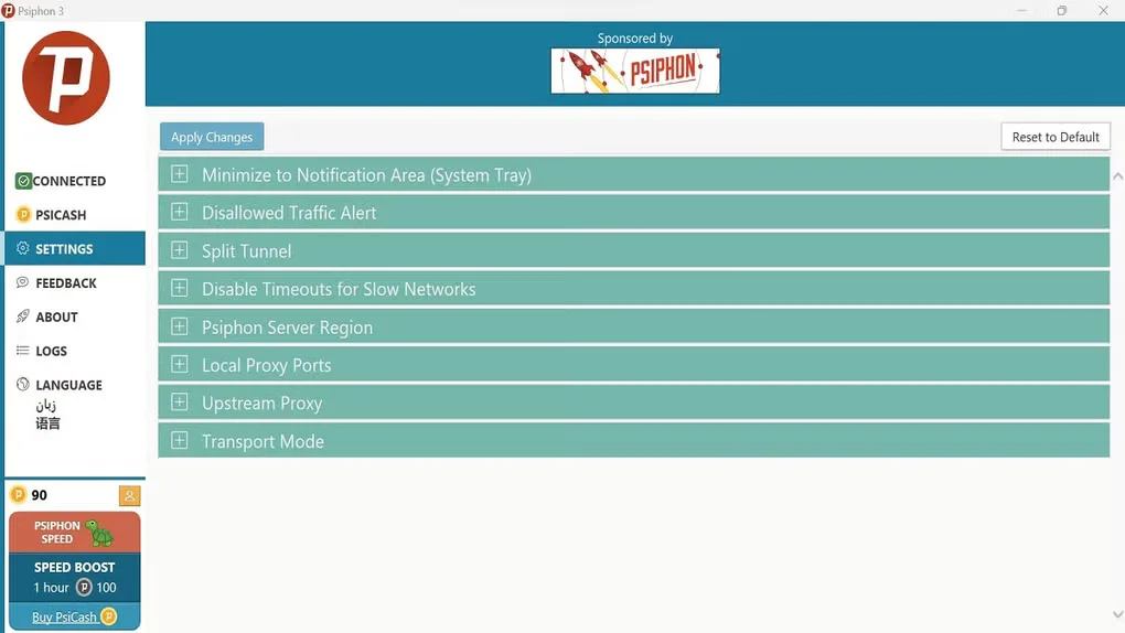 Psiphon 3 for Windows Settings screen showing server region, local proxy ports, upstream proxy and transport mode sections.