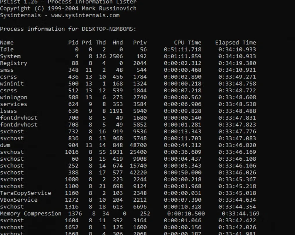 Historical PsList command-line screenshot showing Windows processes, process IDs, CPU time and elapsed time.