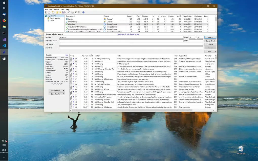 Historical Publish or Perish 7 Windows interface showing saved searches, citation metrics and a publication results table