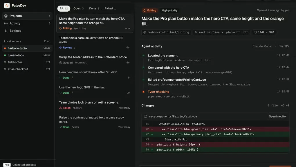 PulseDev desktop interface showing local servers, a task list, Claude Code activity and a PricingCard.vue source diff.