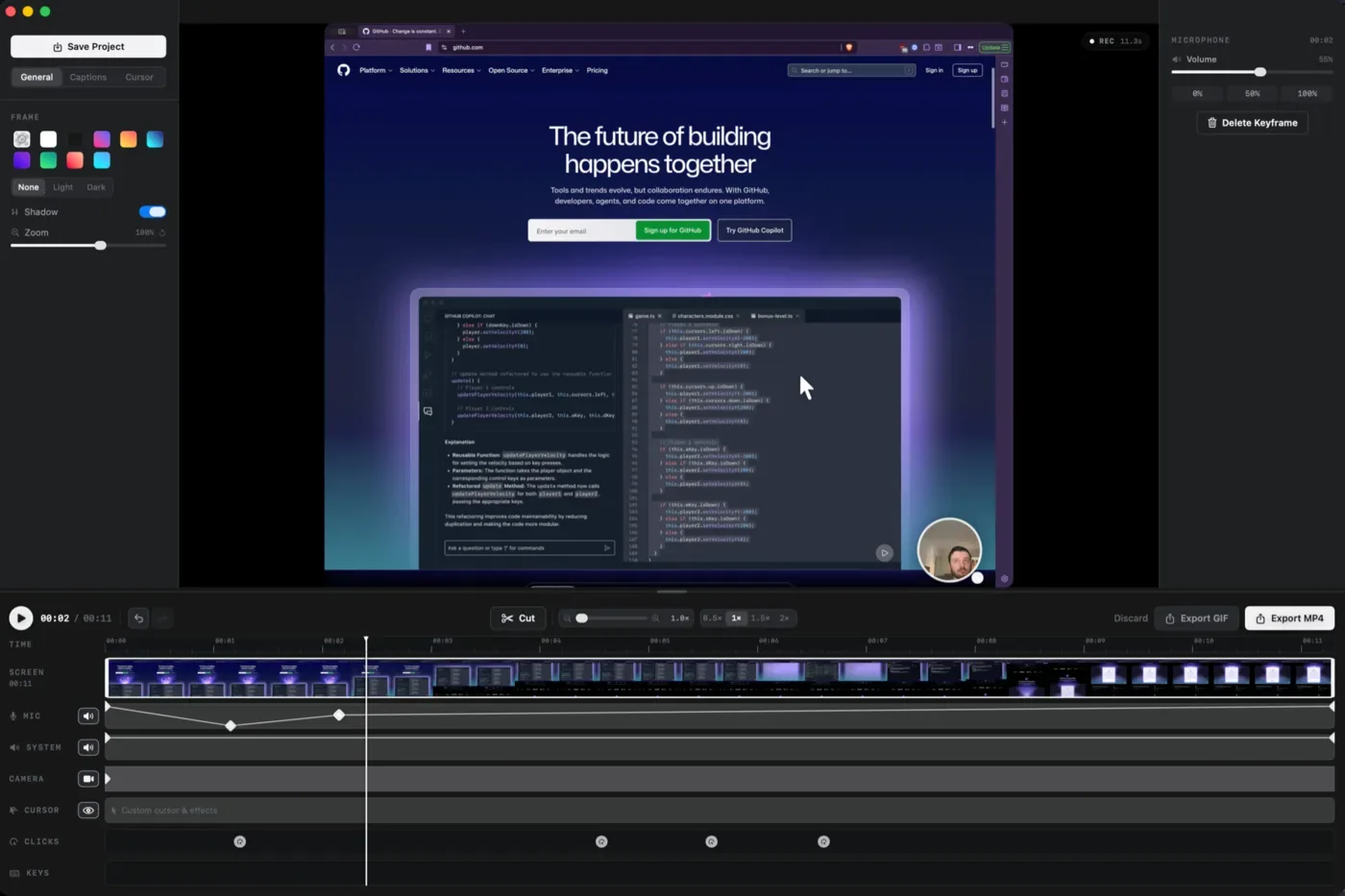 PulseShot recording studio with a captured browser preview, frame controls and screen, microphone, camera, cursor and click timeline tracks