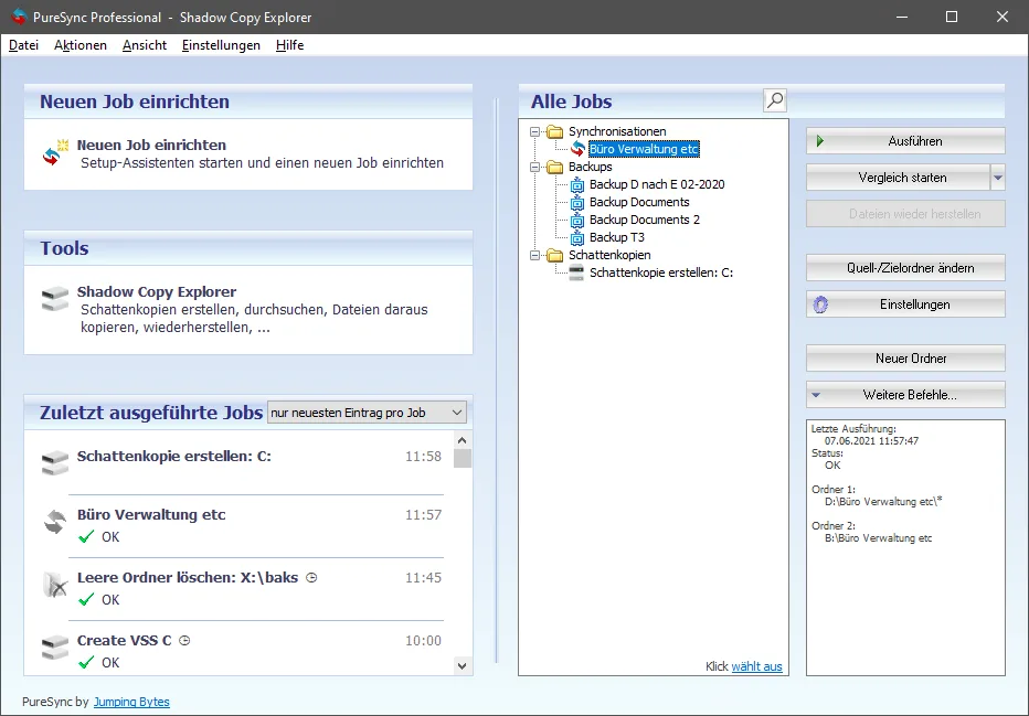Historical PureSync 7 Professional dashboard in German, showing job setup, Shadow Copy Explorer, recent runs and a tree of synchronization and backup jobs.
