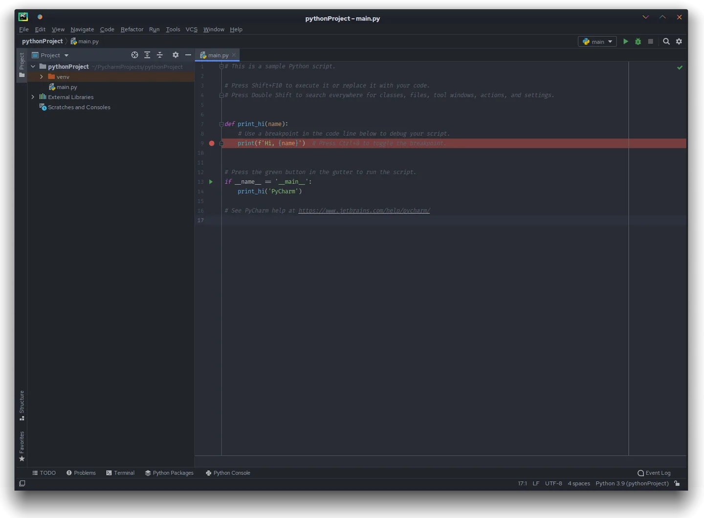 Historical PyCharm Community Edition 2021.1 on Linux: Python project tree, main.py editor and breakpoint; not current macOS UI
