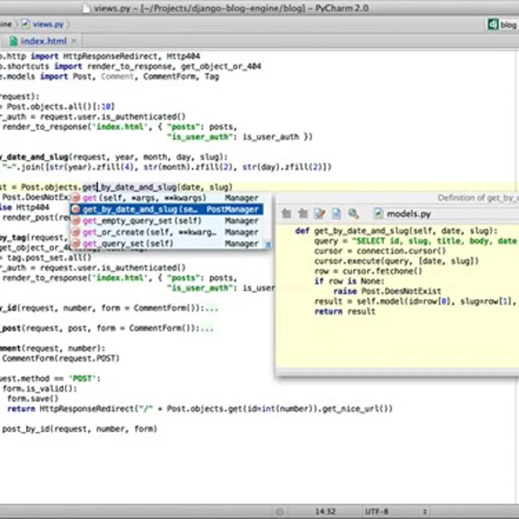 Historical PyCharm 2.0 Python editor showing code completion and a definition popup; not the current release interface.