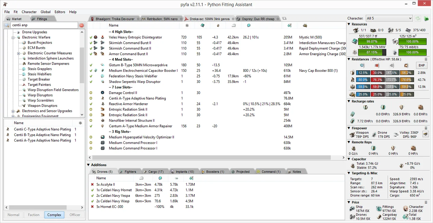 Official legacy pyfa v2.11.1 screenshot showing ship fitting modules, drones and resource statistics on Windows.