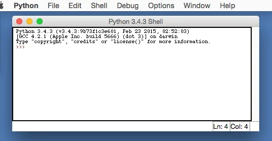 Historical Python 3.4.3 IDLE shell on macOS, showing the interactive prompt and application menus