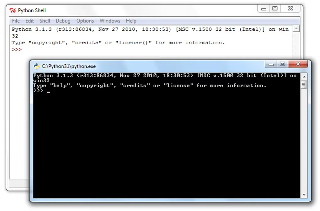 Historical Python 3.1.3 on Windows: IDLE shell behind the command-line interpreter; not the current release.