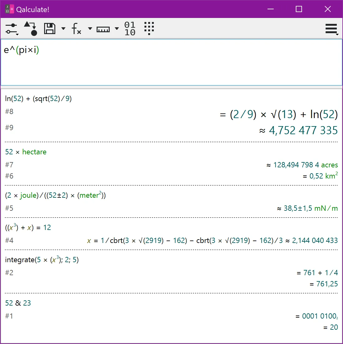 Qalculate! Qt window showing calculation history with unit conversions, symbolic results and an integral