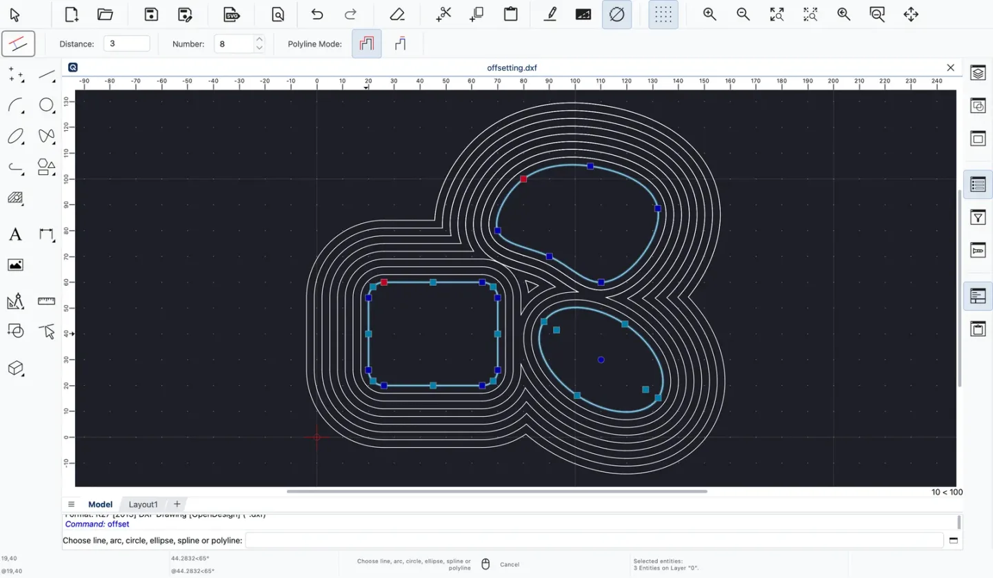 QCAD offsetting.dxf workspace with selected contours, repeated parallel offsets and the offset tool controls