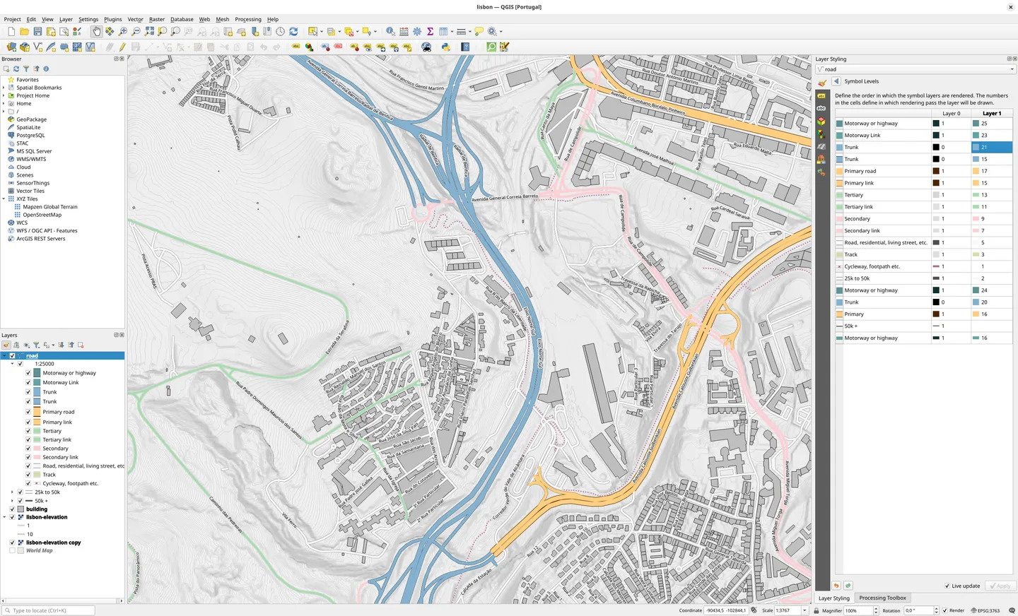 QGIS desktop example with a Lisbon contour and street map, Layers and Browser panels, and Layer Styling controls; not a verified Windows capture