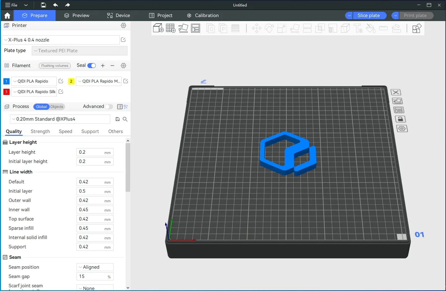 Publisher desktop UI reference: QIDI Studio Prepare workspace with an X-Plus 4 profile, filament settings and a model on the build plate; not a Mac release capture.
