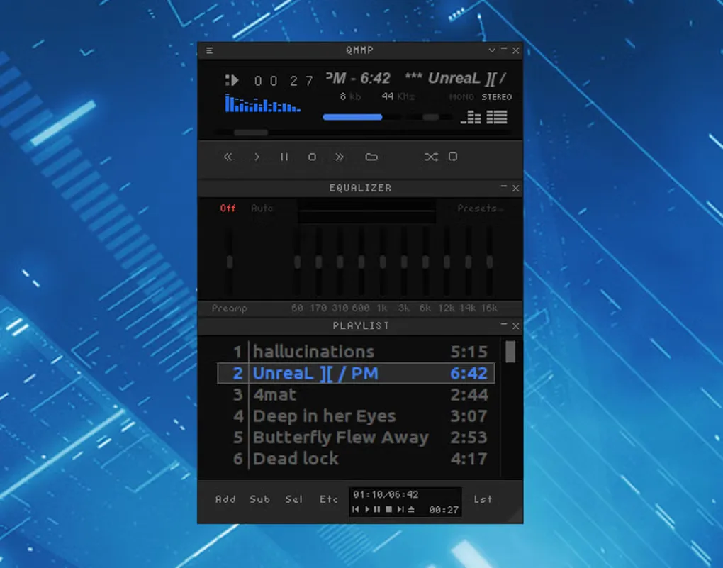 Qmmp skinned audio player showing playback controls, a 10-band equalizer and a six-track playlist on a blue desktop