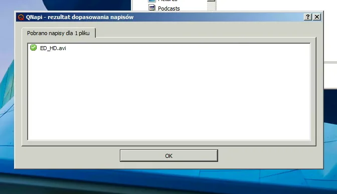 Historical QNapi Windows subtitle-matching results dialog with a green success indicator beside ED_HD.avi; Polish interface.
