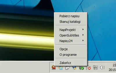 Historical QNapi Windows tray menu with subtitle download, directory scanning, provider submenus and options in Polish.