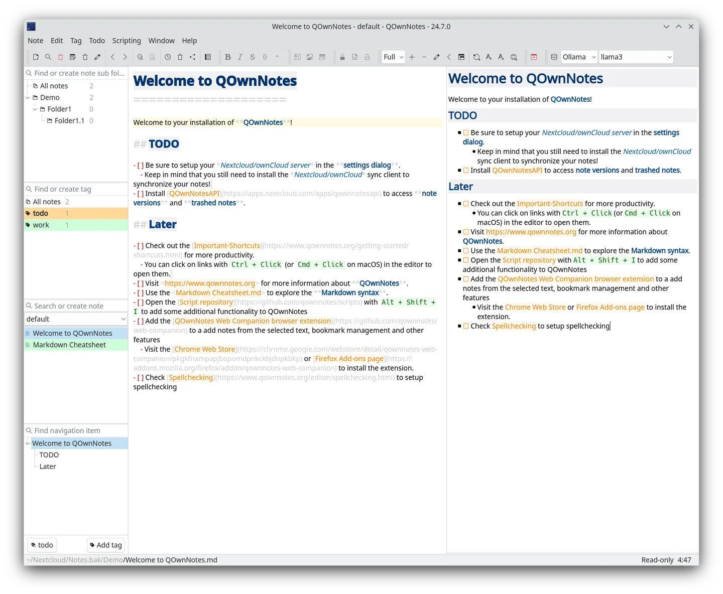 Publisher screenshot of QOwnNotes 24.7.0 showing note folders, tags, a Markdown editor and formatted preview; desktop platform unconfirmed.