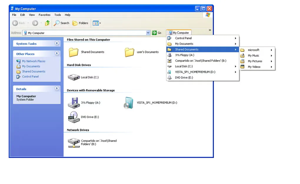 Historical Softonic QT TabBar gallery screenshot showing legacy Windows Explorer and cascading folder-navigation menus, not a current Windows 11 interface.