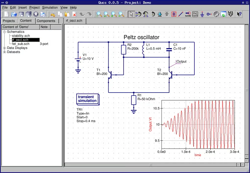 Historical Qucs 0.0.5 interface showing a Peltz oscillator schematic and transient output plot; not the Windows 0.0.19 package.