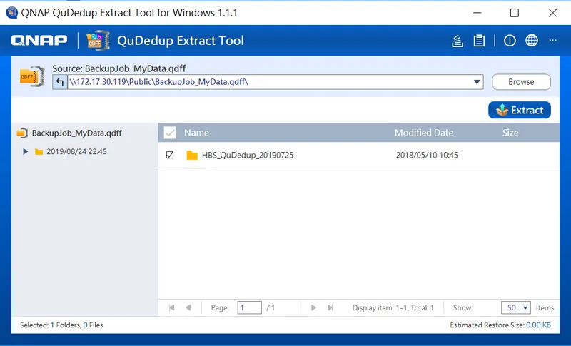 QNAP QuDedup Extract Tool for Windows 1.1.1 showing a .qdff backup tree, file-selection pane and Extract button.