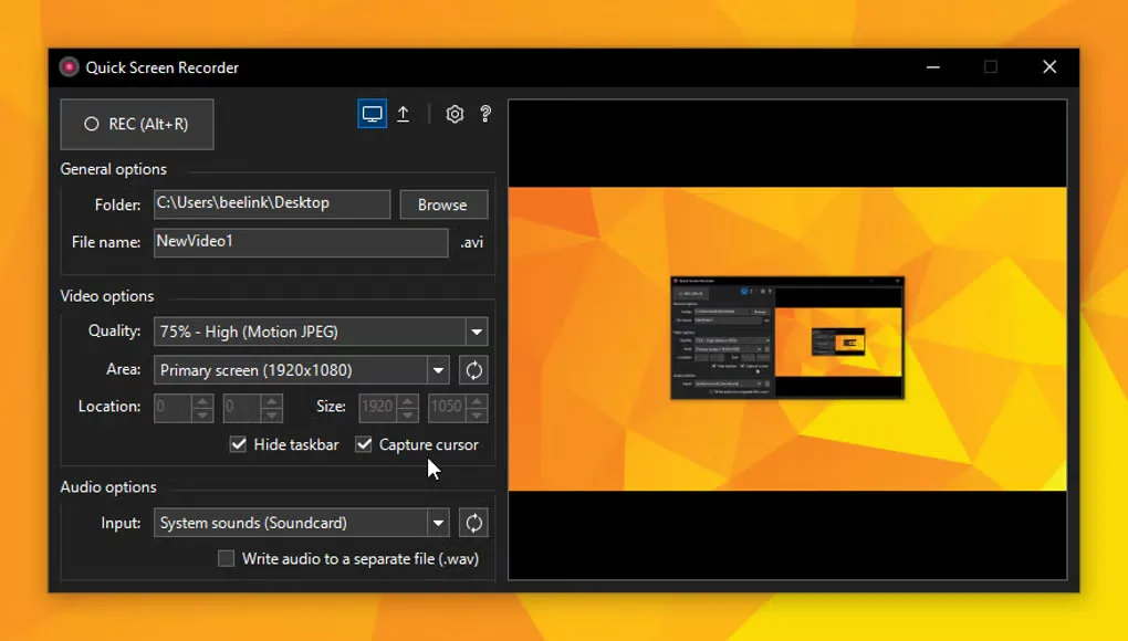 Quick Screen Recorder window showing AVI output, capture area, cursor and audio controls beside a desktop preview.