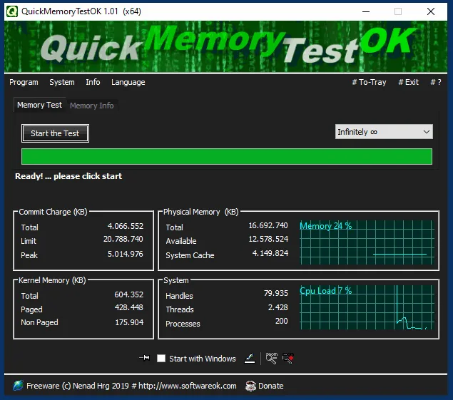 Publisher screenshot of QuickMemoryTestOK 1.01 on Windows, showing RAM test controls, memory counters and memory and CPU graphs