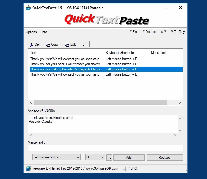 QuickTextPaste 4.51 Portable interface with saved snippets, shortcut assignments and a multiline text editor