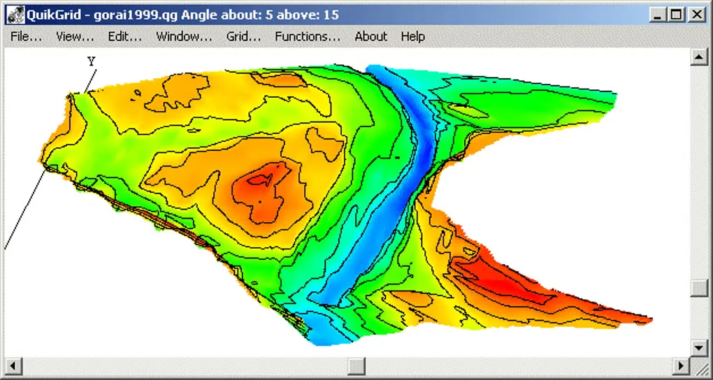 QuikGrid Windows window showing a coloured 3D surface with contour lines for gorai1999.qg