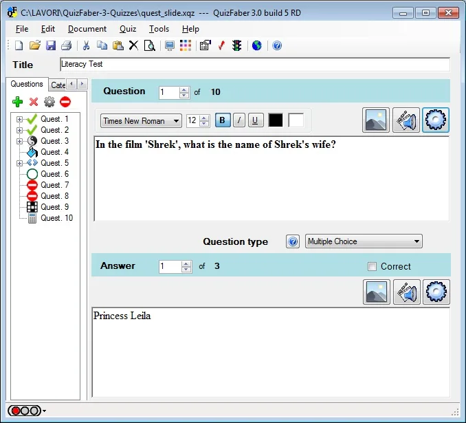 Historical QuizFaber 3.0 build 5 RD editor showing a question list, multiple-choice question and answer editing panes.