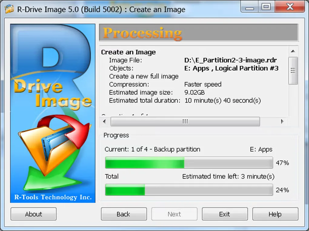 Historical R-Drive Image 5.0 Create an Image window showing backup processing details and progress bars