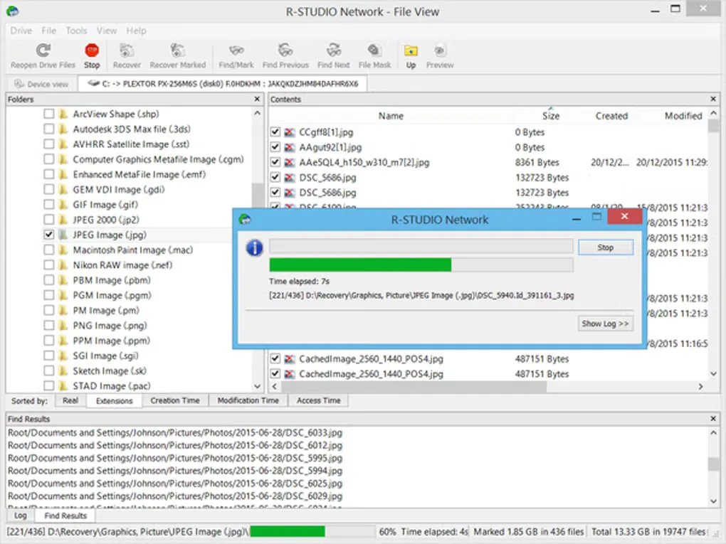 Older R-Studio Network Windows interface showing file-type folders, found JPEG files and a recovery progress dialog