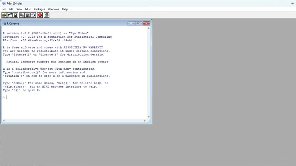 RGui on Windows with the R Console and R 4.3.2 startup text; an older interface illustration.