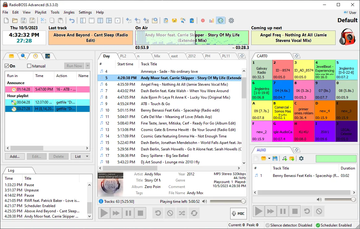 Publisher screenshot of RadioBOSS Advanced 6.3.3.0 showing scheduled events, the playlist, cart wall and playback log