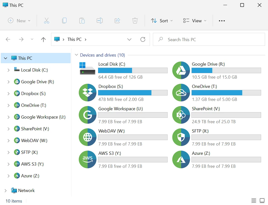 RaiDrive publisher screenshot of Windows File Explorer showing cloud accounts, WebDAV and SFTP as mounted drives