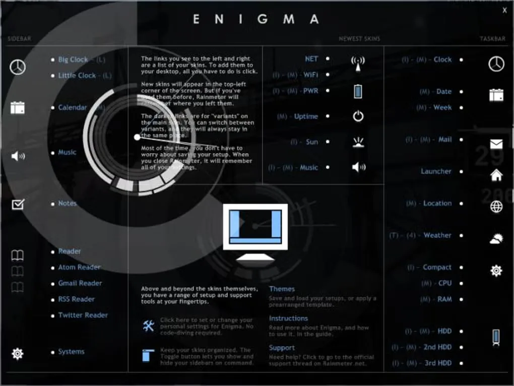 Rainmeter Enigma skin interface showing clock, calendar, network, CPU, RAM and disk skin choices; illustrative community design.