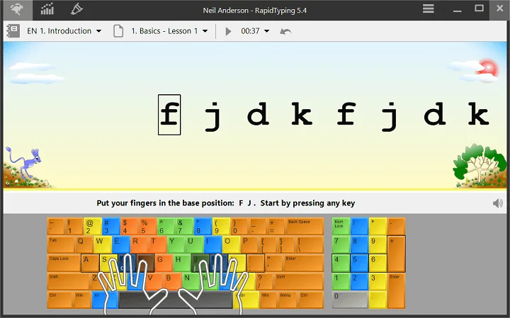 RapidTyping 5.4 introductory lesson with repeated letters, a color-coded virtual keyboard and hand-position guides