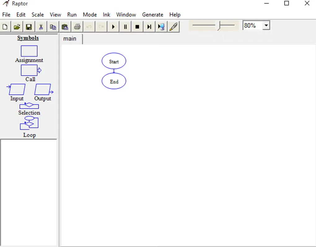 Legacy Windows RAPTOR interface with assignment, input, output, selection and loop symbols beside a Start-to-End flowchart.
