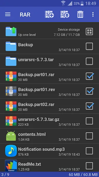 RAR for Android file manager showing folders, multipart RAR archives and recovery volumes, with three files selected.