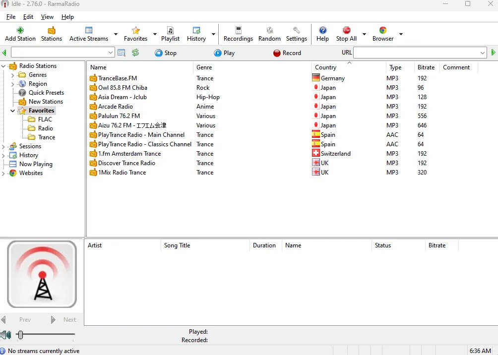 RarmaRadio 2.76.0 station browser with favorites, station list, playback and recording controls