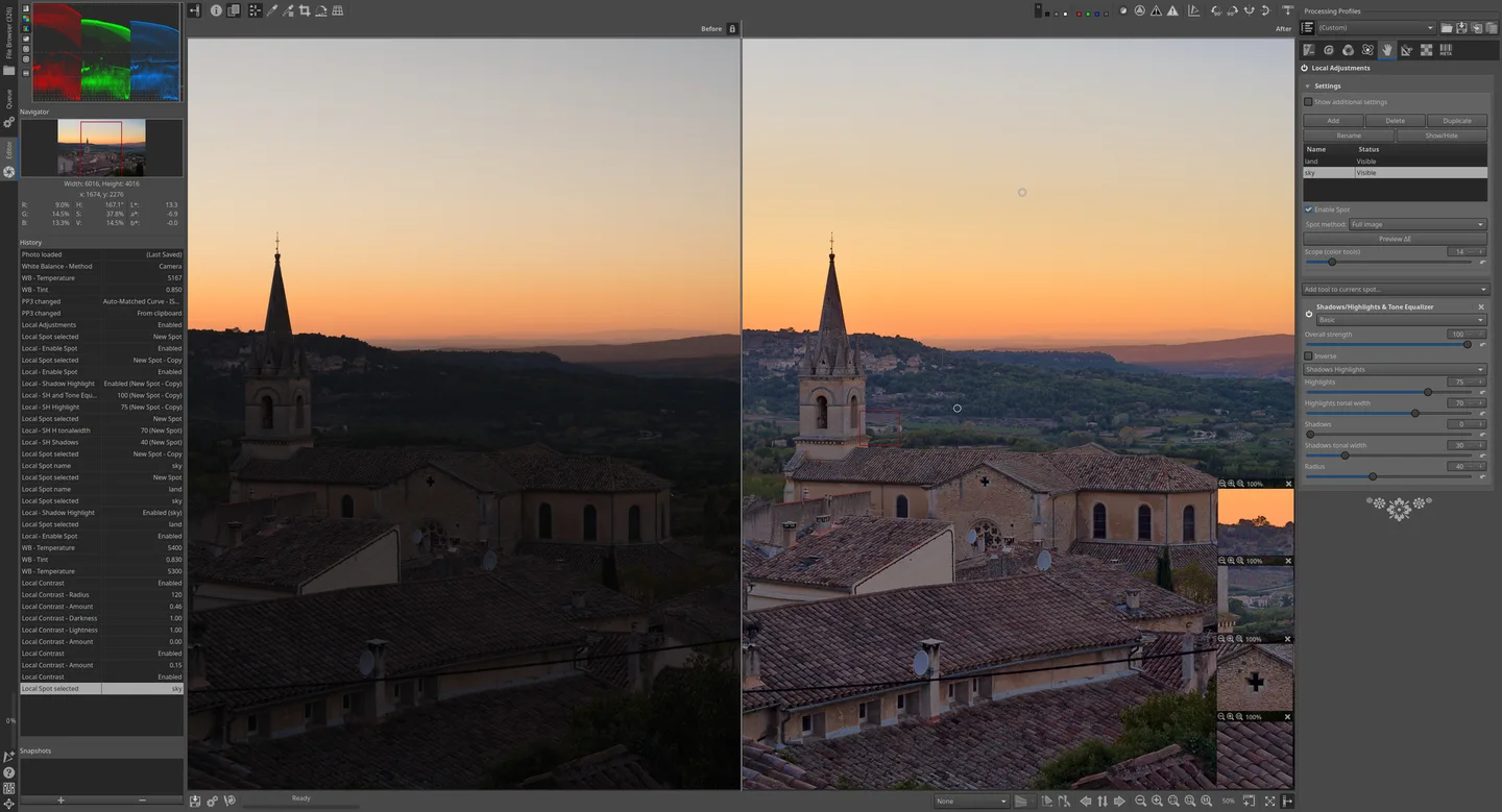 RawTherapee editor with a before-and-after sunset photo, histogram, history and local adjustment controls; historical publisher screenshot.