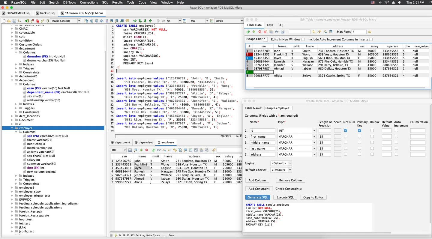 Publisher's RazorSQL 10 Mac light-mode screenshot with schema browser, SQL editor, query results and table-editing windows
