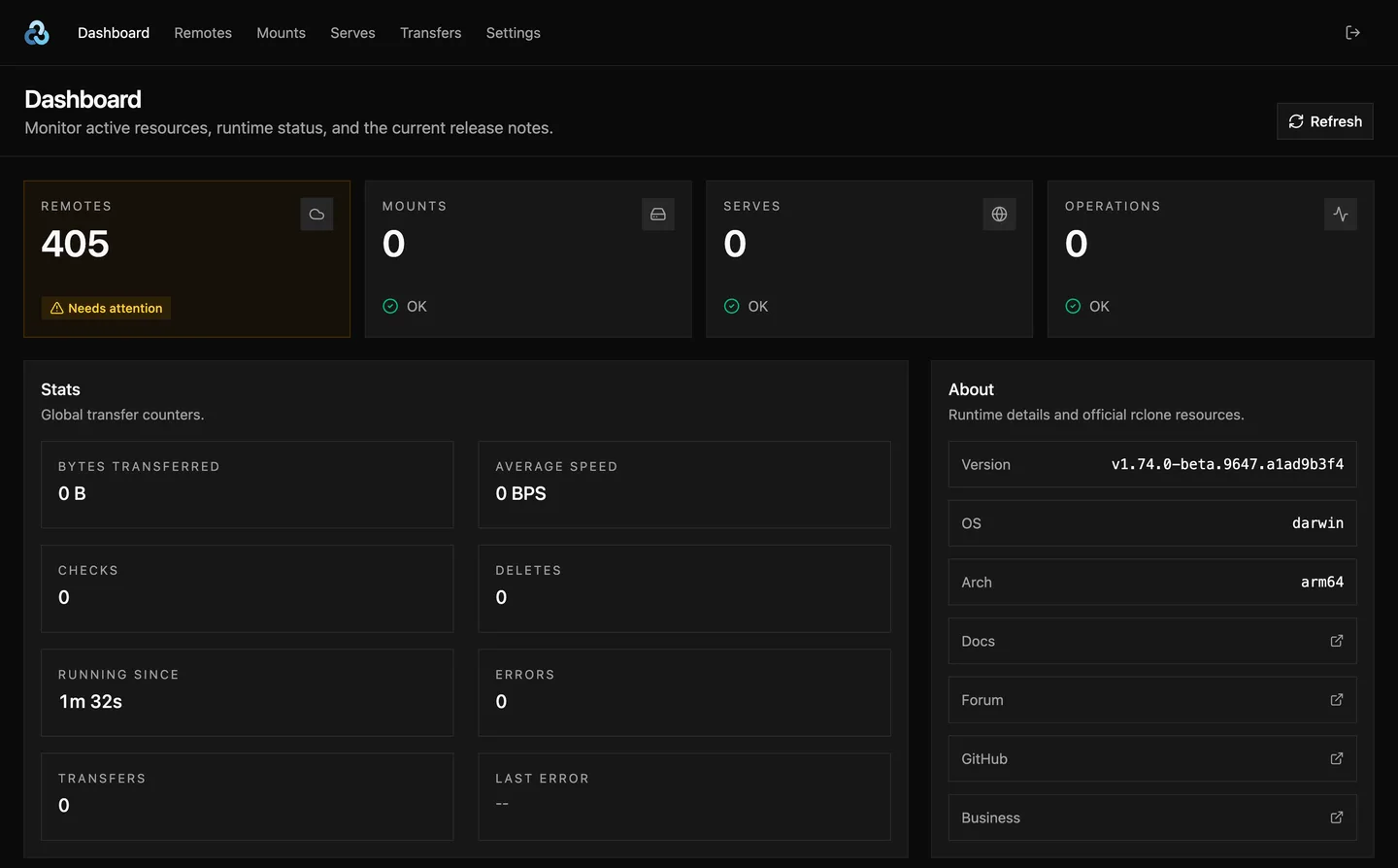 Publisher Rclone Web GUI dashboard showing remotes, mounts and transfer statistics; About panel identifies a macOS ARM64 beta session.