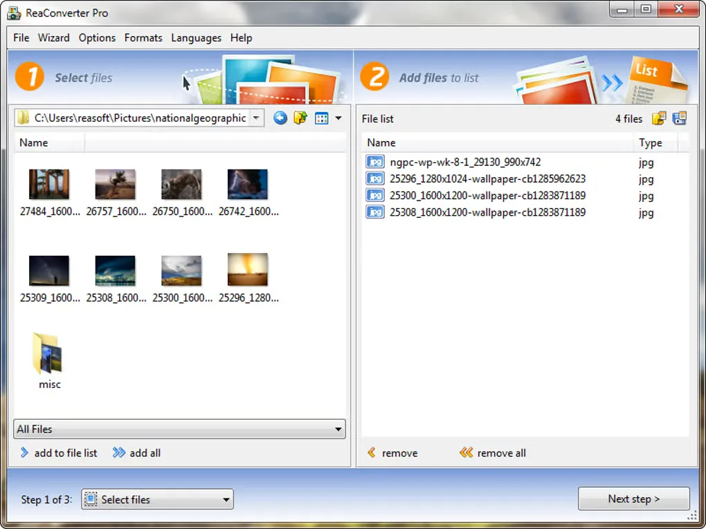 Older ReaConverter Pro Windows interface showing image thumbnails and four JPG files queued for batch conversion
