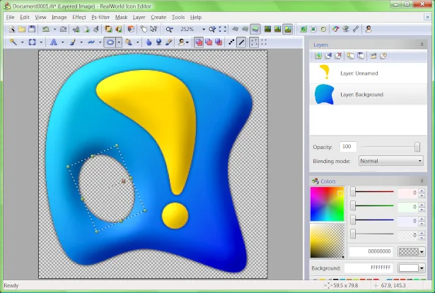RealWorld Icon Editor with a blue and yellow icon on a transparency grid, two layers and an ellipse editing selection.