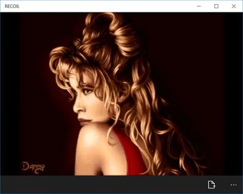 Historical RECOIL Windows application screenshot showing a portrait, a bottom toolbar and the original artwork signature