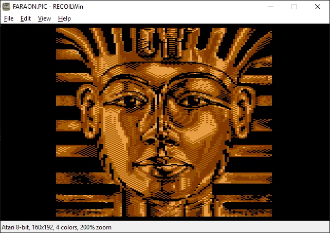 RECOILWin displaying FARAON.PIC, an Atari 8-bit picture, with menus and image details in the status bar